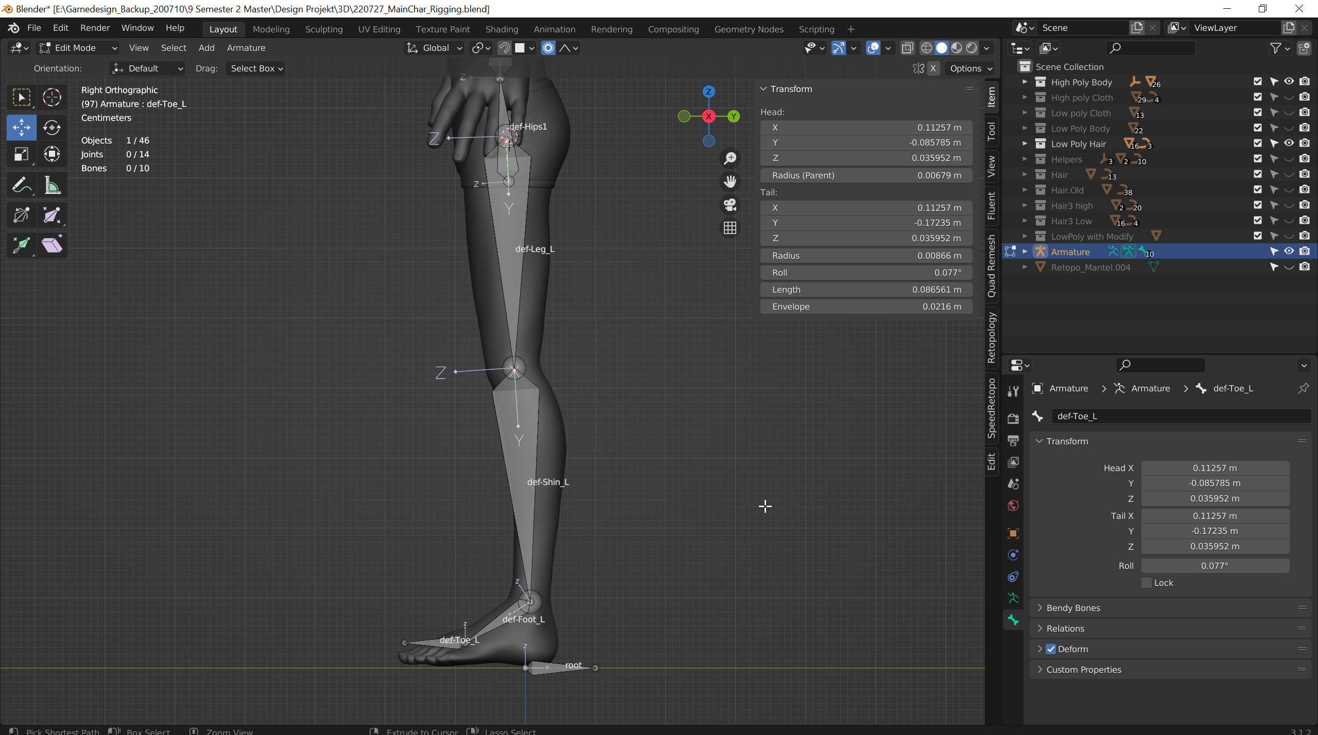 Selektiere den Tail von def-Leg_L und Extrudiere ihn wie in der Abbildung gezeigt dreimal. Benenne die Bones von oben nach unten in def-Shin_L, def-Foot_L und def-Toe_L. Schaue das die Z-Achse wieder nach vorne zeigt.