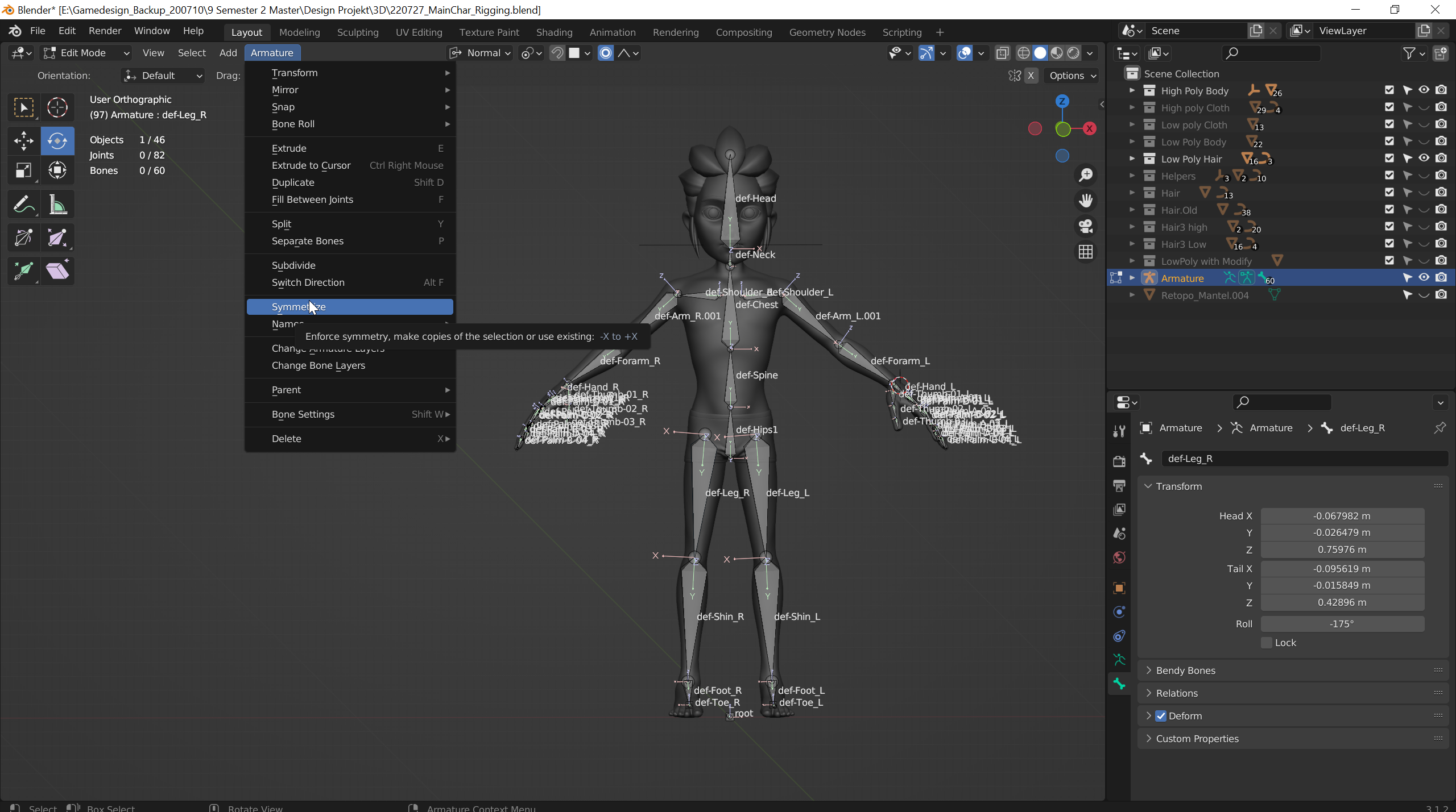 Selektiere alle Bones und gehe auf Armature>Symmetrize um eine rechte Seite zu erhalten. Dies sind nun alle Deformation Bones. Um sicherzugehen dass sie dies auch tun, selektiere alle Bones und drücke “shift + w”>Deform und stelle den Type auf Enable.