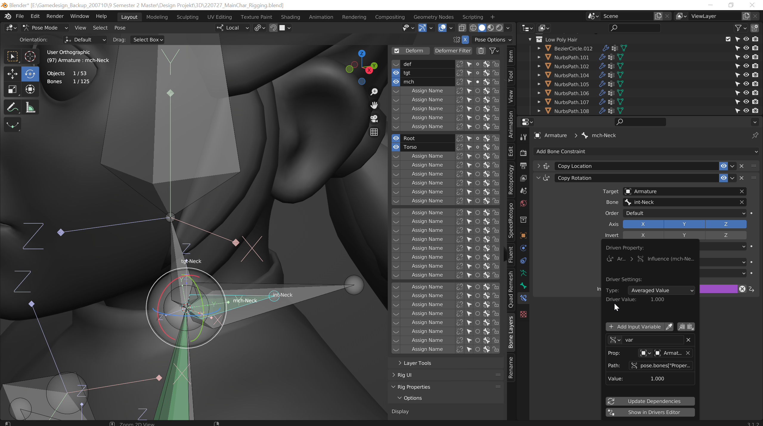 Selektiere mch-Neck und unter Bone Constraint Properties>Copy Rotation>Influence fügst du einen Driver hinzu mit Rechtsklick>Add Driver. Als Settings nutzt du Type: Averaged Value, Variable Single Property, bei Prop: wählts du die Amature und bei Path fügst du das kopierte ein. Nun kannst du über den Property Bone steuern ob der Neck folgt oder nicht.