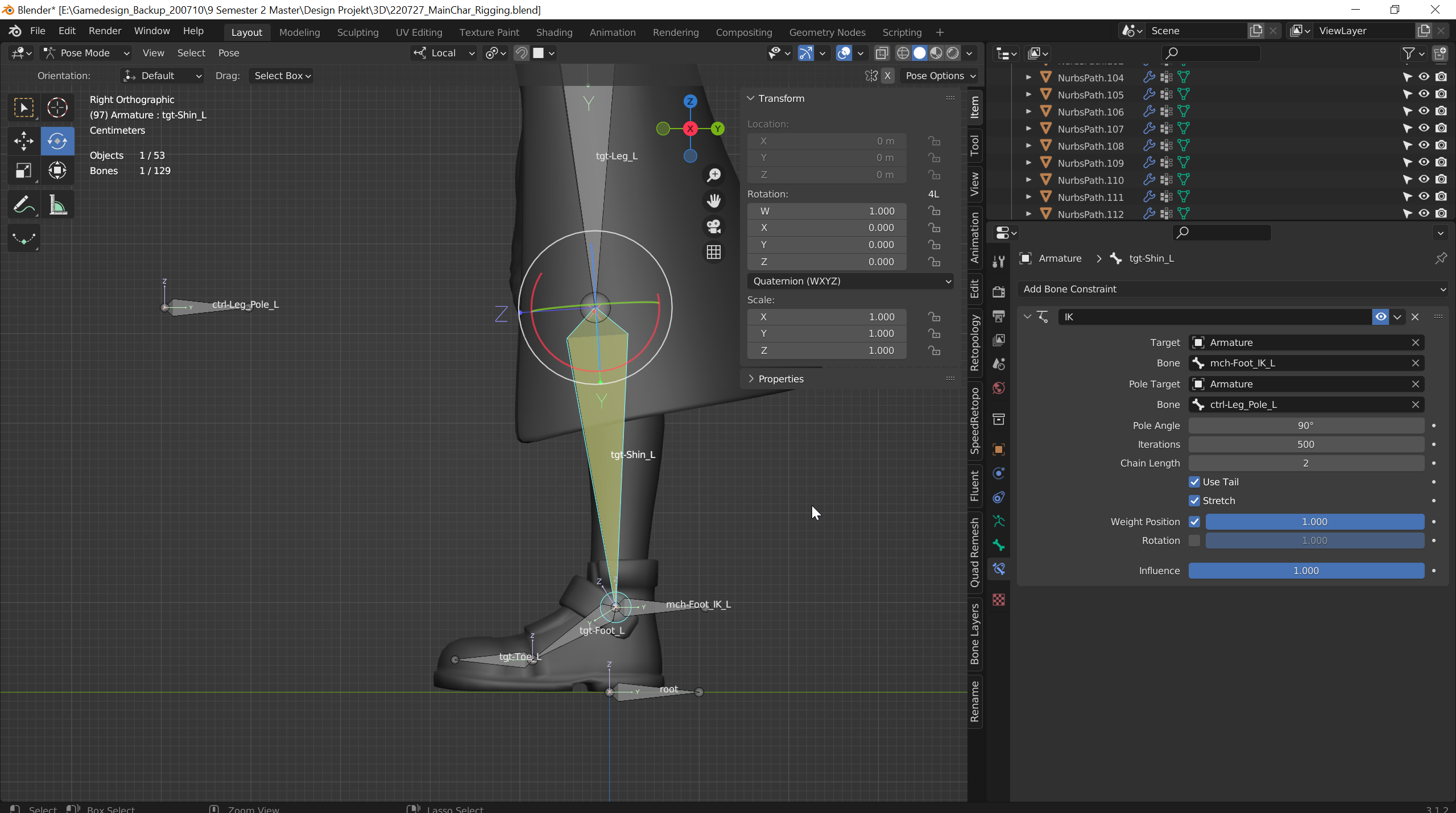 Extrudiere auf der Y-Achse einen Bone vom Tail tgt-Leg_L. Parente diesen an mch-Foot_IK_L, verschiebe ihn in die Front des Knies und benenne ihn ctrl-Leg_Pole_L. Füge in den Bone Constraint Properties von tgt-Shin_L bei Pole Target ctrl-Leg_Pole_L ein und stelle den Pole Angle auf 90°.