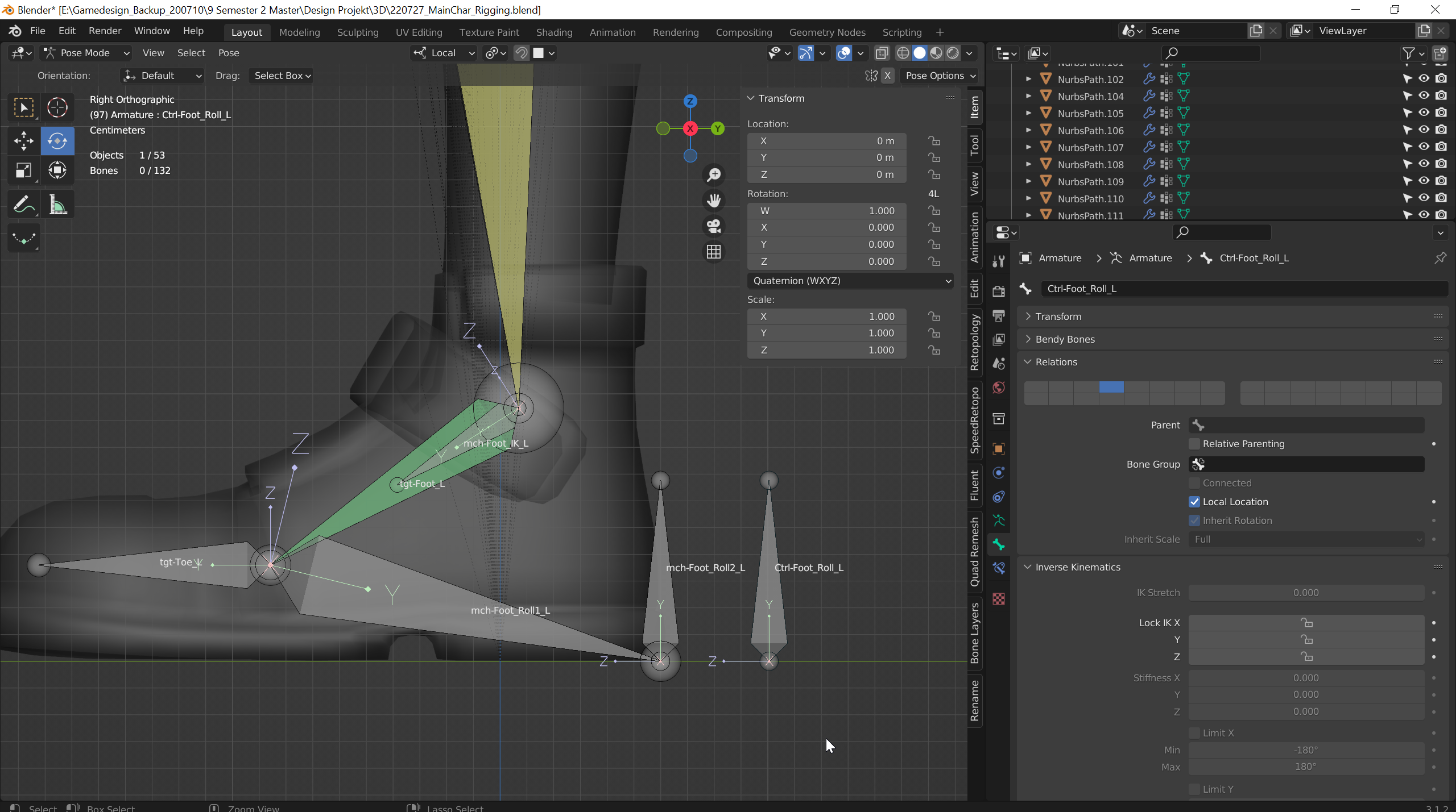 Selektiere den Tail von tgt-Foot_L und extrudiere ihn zum hinteren Ende des Hakens wo der Boden berührt wird. Extrudiere von dort auf der Z-Achse nach Oben. Dupliziere den zweiten Bone eine Stück nach hinten. Benenne die drei Bones in Reihenfolge mch-Foot_Roll1_L, mch-Foot_Roll2_L und ctrl-Foot_Roll_L. Parente jeweils mit Keep Offset mch-Foot_IK_L an mch-Foot_Roll1_L und mch-Foot_Roll1_L an mch-Foot_Roll2_L.