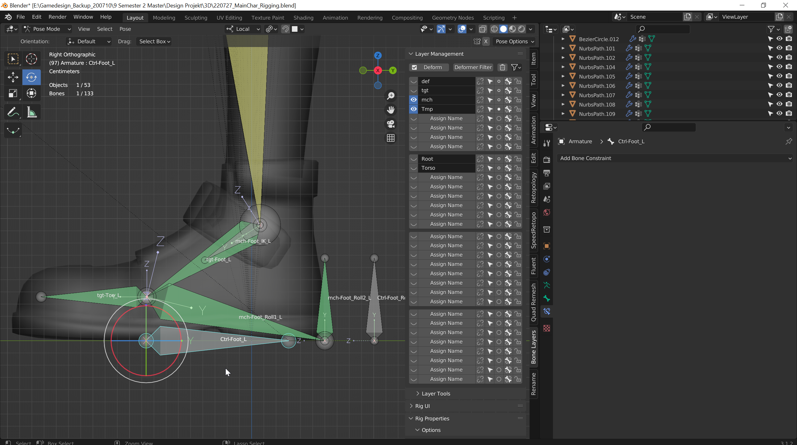 Füge einen Bone am Boden deines Charakters hinzu welcher mit den World Koordinaten Align und benenne diesen ctrl-Foot_L. Parente mch-Foot_Roll2_L, ctrl-Foot_Roll_L und ctrl-Foot_Pole_L mit Keep Offset an ctrl-Foot_L.