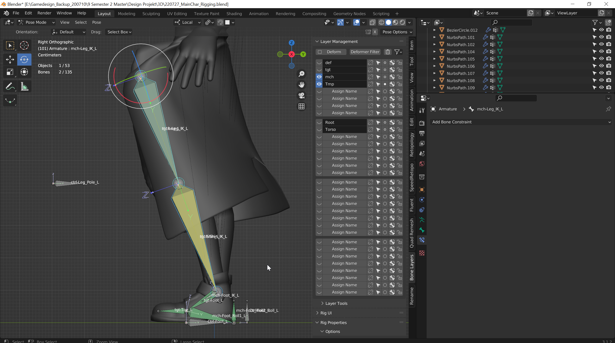 Füge im Pose Mode tgt-Leg_L die Constraints Copy Location, Copy Rotation und Copy Scale hinzu von mch-Leg_IK_L. Deaktiviere bei Copy Scale die X und Z Achse. Mache dies auch für tgt-Shin_L und mch-Shin_IK_L. Entferne von tgt-Shin_L den IK Constraint.