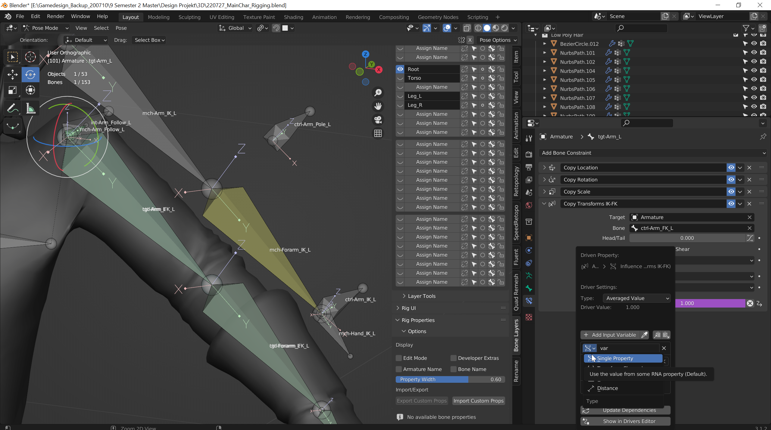 Erstelle im Property Bone eine neue Custom Property namens Arm_IK-FK_L. Kopiere dir den Path mit Rechtsklick>Copy Data Path. Klicke mit Rechtsklick auf Influence im Copy Transforms IK-FK Constraint von tgt-Arm_L und klicke auf Add Driver. Stelle in den Kontext Menü Type auf Averaged Value, die Variable auf Single Property und füge den Path ein.